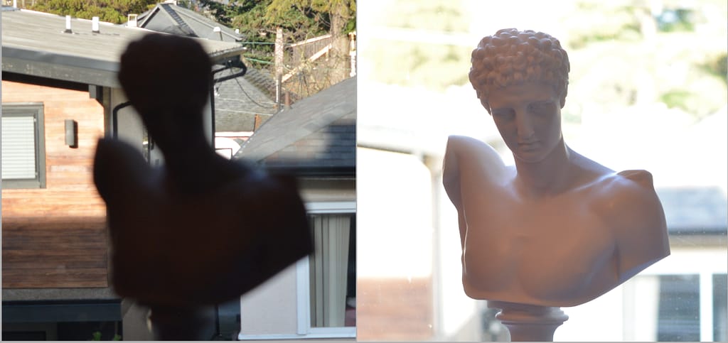 Photos of a bust in front of a window. The left photo is exposed for the window, leaving the bust underexposed and black. The right photo is exposed for the bust, leaving the window overexposed and white.