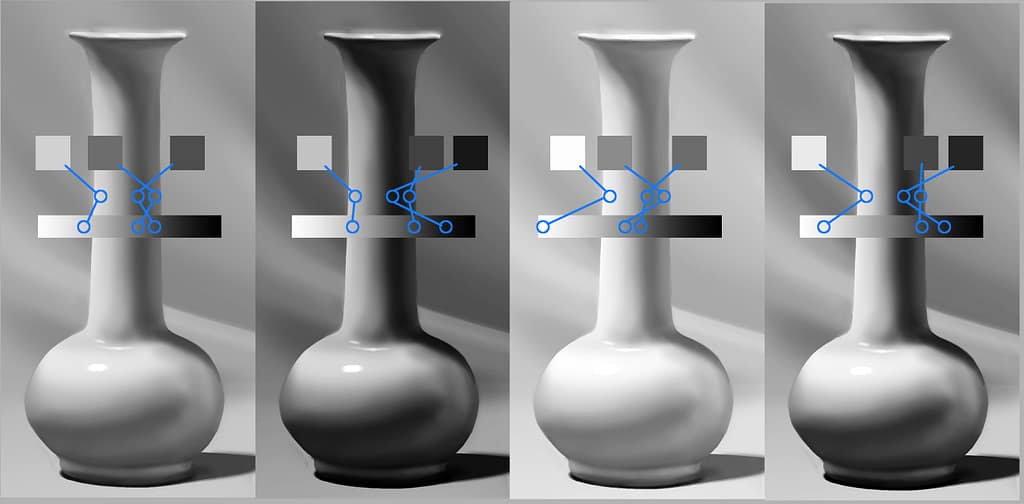 Four renderings of a vase. They look similar due to having similar value relationships.