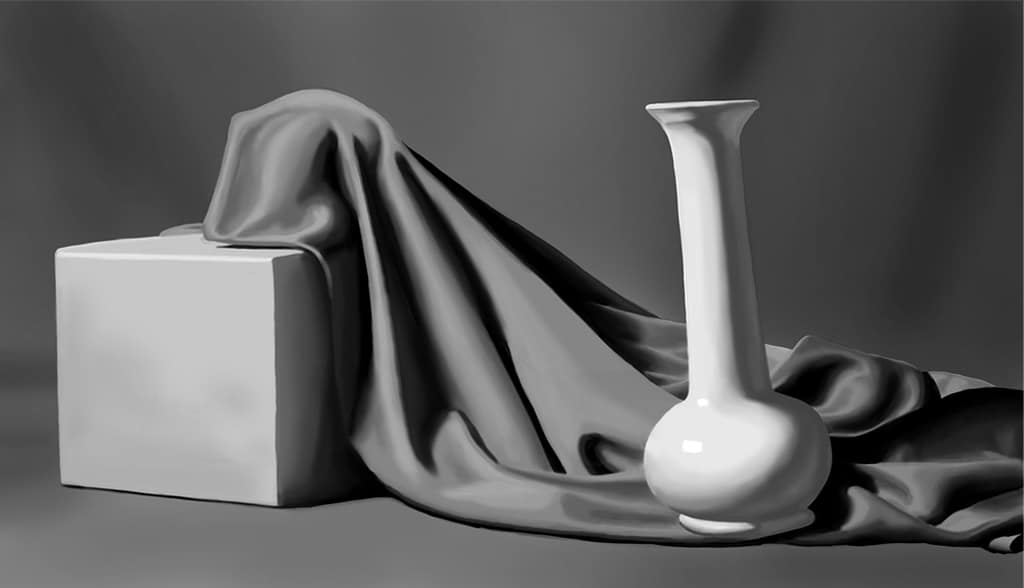 Rendering of the still life where the vase does not use the full value range so its brightness looks more accurate.