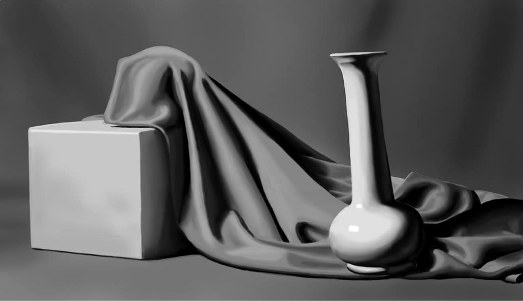 Rendering of a still life where the vase is rendered with the full value range, making its dark areas look too dark.